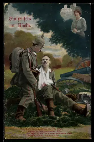 AK Stolzenfels am Rhein, Soldat bei verwundetem Kameraden, Rotes Kreuz