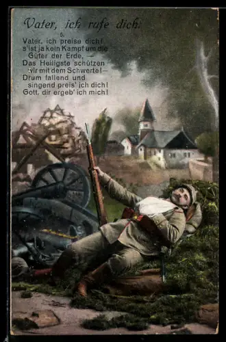 AK Vater ich rufe dich, verwundeter Soldat mit Schulterstück Regiment 106 liegt im Sterben auf einem Schlachtfeld