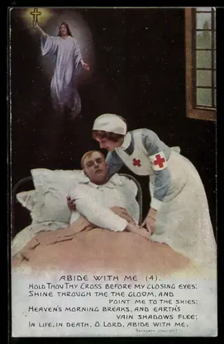 AK Abide With Me, Verundeter im Lazarett mit Christus-Erscheinung, Krankenschwester Rotes Kreuz