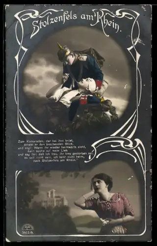 AK Stolzenfels /Rh., Soldat mit sterbendem Kameraden, Geliebte, Burg, Rotes Kreuz