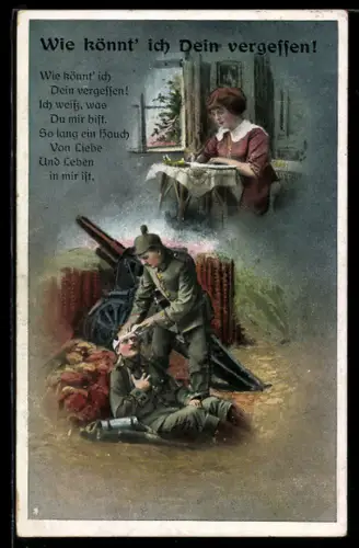 AK Wie könnt ich Dein vergessen!, Kamerad verbindet Verwundeten, Wartende Geliebte, Rotes Kreuz