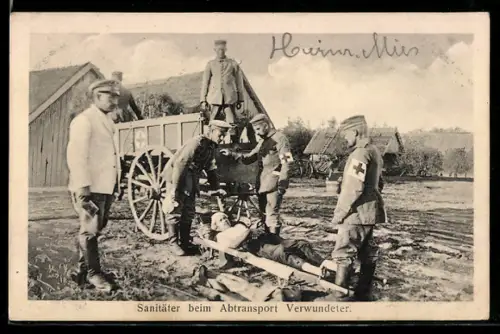 AK Sanitäter beim Abtransport Verwundeter, Armbinden Rotes Kreuz