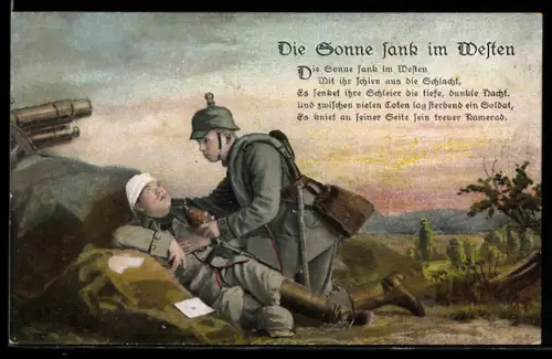 AK Die Sonne sank im Westen, Kamerad und sterbender Verwundeter, Rotes Kreuz