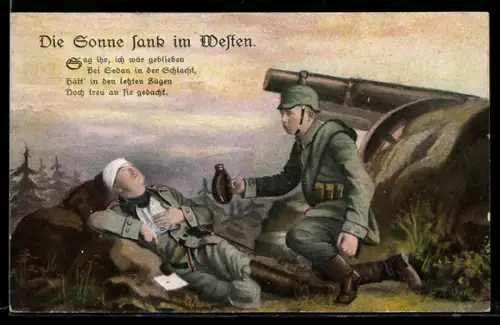 AK Die Sonne sank im Westen, Kamerad reicht sterbendem Verwundeten die Wasserflasche, Rotes Kreuz