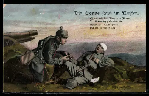 AK Die Sonne sank im Westen, Kamerad hört die letzen Wünsche eines sterbenden Verwundeten, Rotes Kreuz
