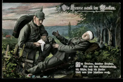 AK Die Sonne sank im Westen, Sterbender Soldat erbittet Abschiedskuss vom Kameraden, Rotes Kreuz