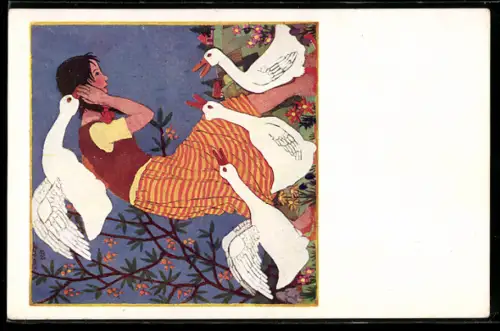 AK Mädchen und freche Gänse, Österr. Jungendrotkreuz Wien, Stubenring 1, Rotes Kreuz