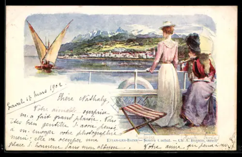 Künstler-AK Evian-les-Bains, Source Cachat, Damen an der Reling blicken zum Ort