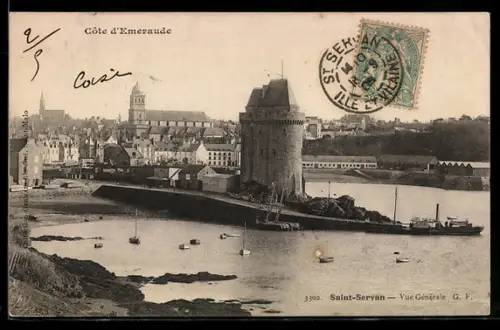 AK Saint-Servan, Vue générale de la tour Solidor et du port avec voiliers