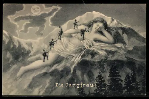AK Die Jungfrau mit Bergsteigern, Berg mit Gesicht, Berggesichter