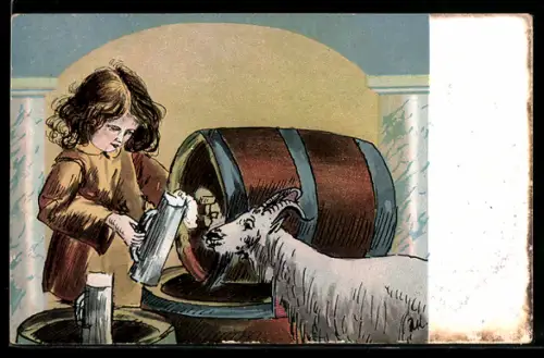 AK Flöha, Mädchen und Ziege bei Bierfässern