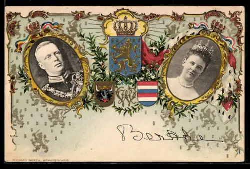 Lithographie Königin Wilhelmina von den Niederlanden und ihr Gemahl, Wappen, Krone