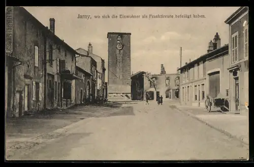 AK Jarny, Ortspartie mit Hausruine und Geschäften