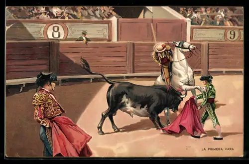 AK Stierkampf, der Picador rammt dem Stier eine Lanze in den Nacken