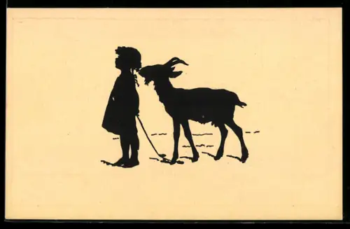Künstler-AK Paul Konewka: Der wohlschmeckende Kranz, Mädchen und Ziege, Schattenbild