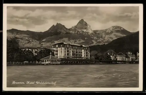AK Brunnen, Hotel Waldstätterhof vor Bergpanorama