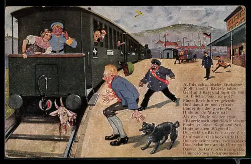Künstler-AK Hans Boettcher: Mann findet seine Ziege unter der Eisenbahn