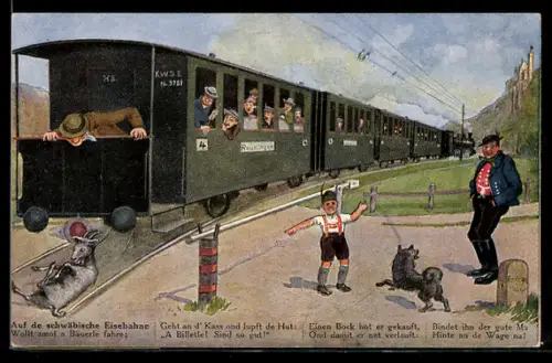Künstler-AK Hans Boettcher: Ziegenbock wird von der schwäbischen Eisenbahn über die Gleise geschleift