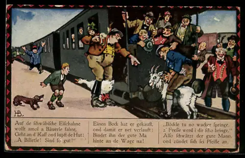 Künstler-AK Hans Boettcher: de schwäbische Eisebahn, Reisende tummeln sich in der Eisenbahn