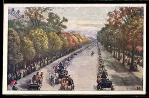 Künstler-AK J. Kalous: Wien, Prater, Hauptallee mit Pferdewagen