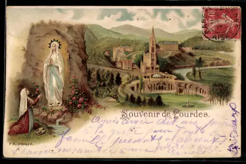 Lithographie Lourdes, Souvenir de la grotte et basilique de Lourdes