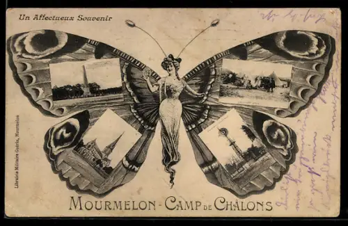 AK Mourmelon-Camp de Chalons, Kirche und Denkmal, Frau mit Schmetterlinsflügel