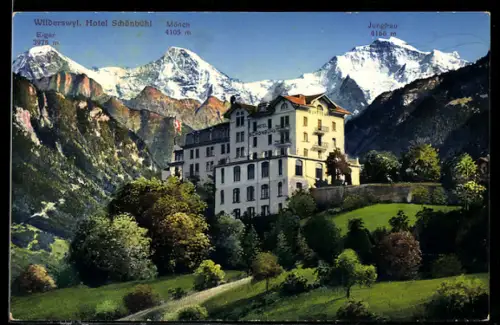 AK Wilderswyl, Hotel Schönbühl mit Eiger, Mönch und Jungfrau