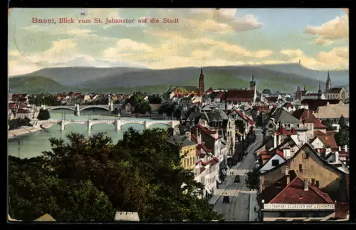 AK Basel, Blick vom St. Johanntor auf die Stadt