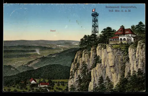 AK Gempenfluh, Restaurant Gempenfluh mit Blick auf Basel