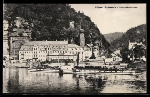 AK Herrnskretschen /Böhm. Schweiz, Panorama mit Dampfer
