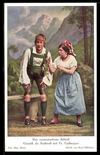 Künstler-AK Schauspieler Alexander Girardi als Anredl mit Fr. Gallmayer in Das verschwundene Schloss