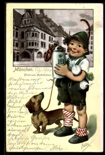 AK Münchner Hofbräuhaus, Junge mit Dackel und HB-Bierkrug