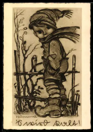 Künstler-AK Hummel: S` wird kalt!, Kleiner Junge mit Schal und Mütze