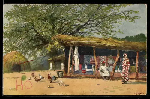 Künstler-AK Mpapua, Hühnchen neben Inderladen mit Bewohnern