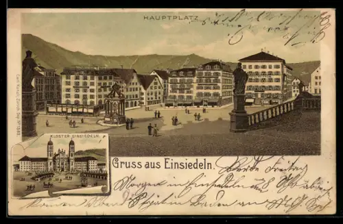Lithographie Einsiedeln, Hauptplatz, Kloster
