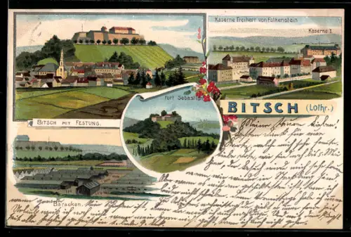 Lithographie Bitsch, Festung, Kaserne Freiherr von Falkenstein, Baracken, Fort Sebastian