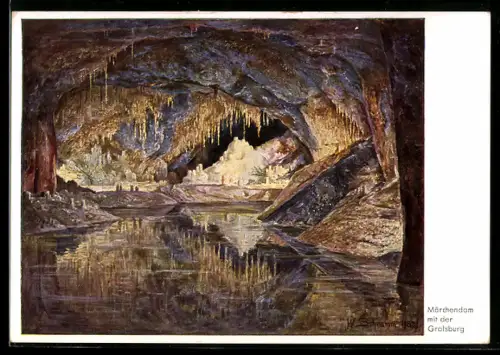 Künstler-AK Saalfeld, Feengrotten, einzige naturfarbige Tropfsteinhöhlen d. Welt, Märchendom m. d. Gralsburg