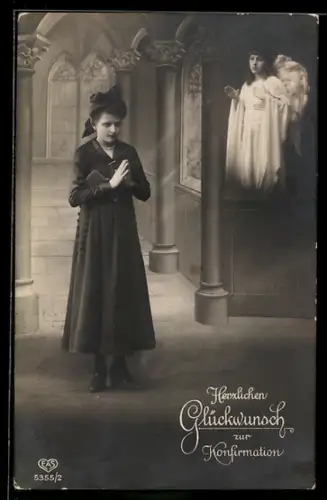 AK Mädchen betet mit Bibel unter dem Arm, Konfirmation, Engel