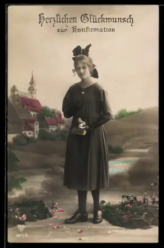 AK Mädchen mit Bibel zur Konfirmation