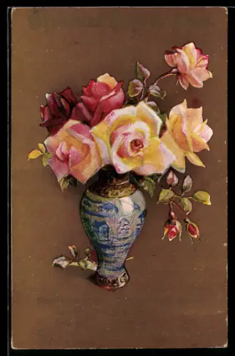 AK Blumenvase mit rosanen Rosen mit Weihnachtsgrüssen