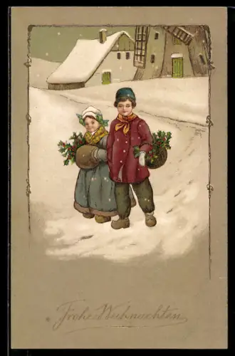 AK Kinder mit Körben voller Stechpalmenzweige, Weihnachten