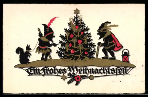 AK Weihnachten, Zwerge mit Eichhörnchen am Christbaum