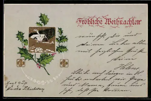 AK Verschneite Landschaft mit Stechpalmenzweigen, Weihnachten