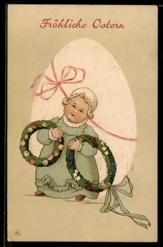 AK Ostern, blondes Kind mit Blumenkränzen vor dem Osterei