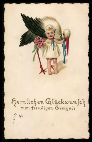 AK Glückwunschkarte zur Geburt eines Kindes mit Storch und Kleinkind