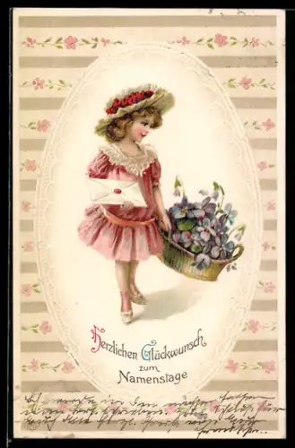 Präge-AK Mädchen mit einem Korb voller liafarbener Blumen, Glückwunsch zum Namenstag
