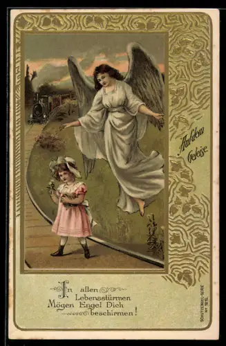 Lithographie Schutzengel beschützt ein Mädchen vor der Eisenbahn