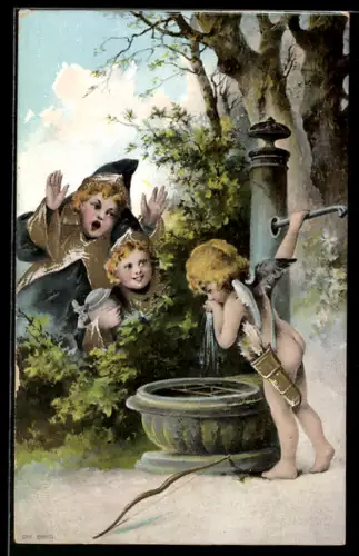 AK München, Münchner Kindl beobachten einen Engel