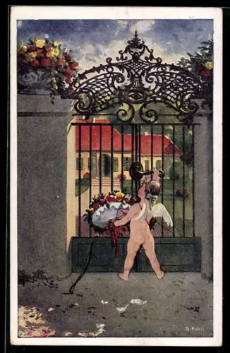 Künstler-AK sign. S. Pohl: Der Gratulant, Amor am Tor