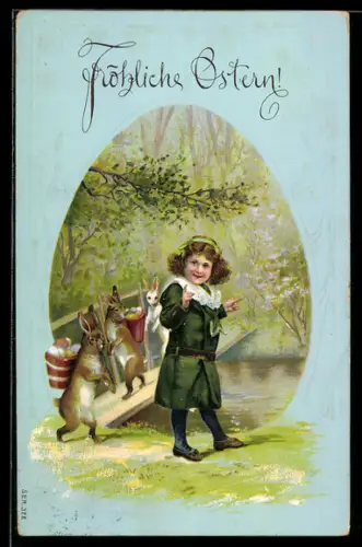 Präge-AK Osterhasen mit Körben voller Eier auf den Rücken folgen einem Kind